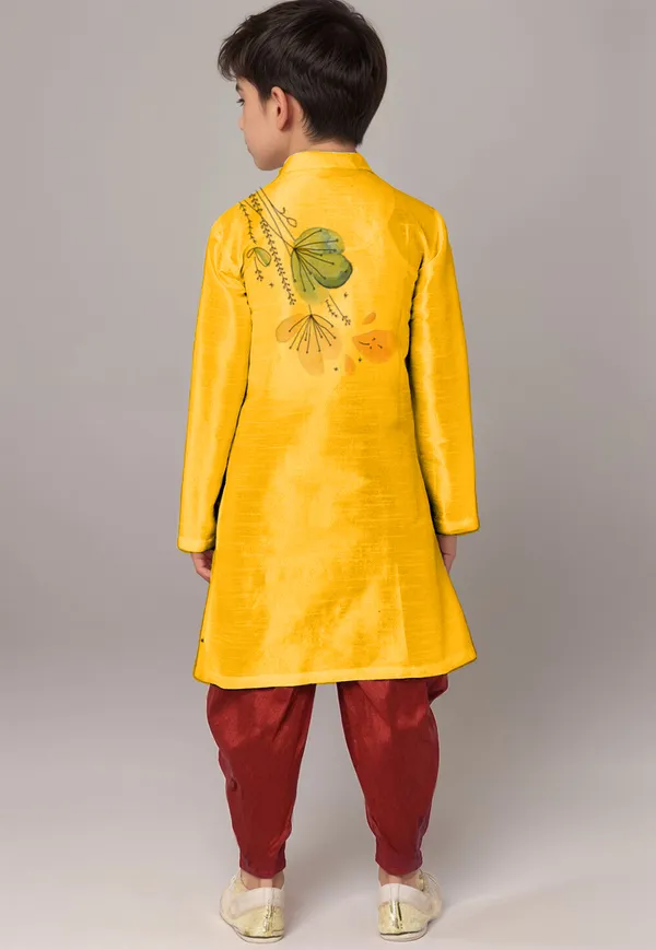 Yellow_Printed_Dupion-Silk_Kurta_With_Dhoti_For_Boy