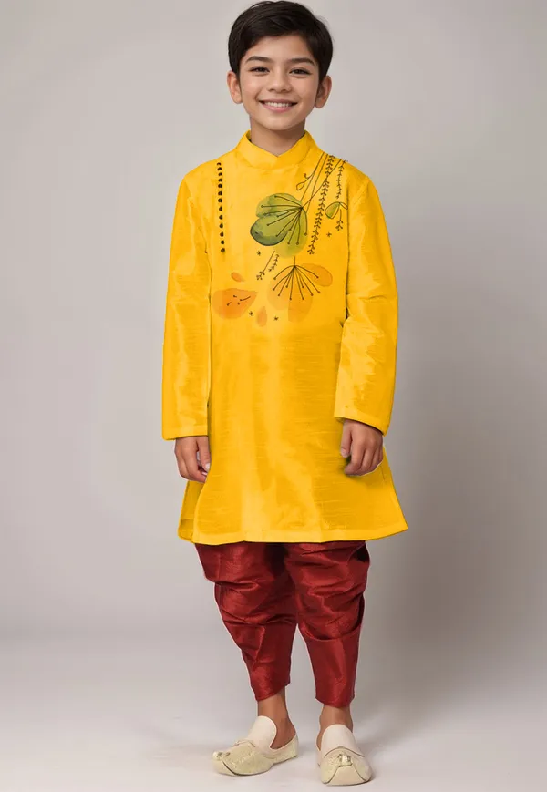 Yellow_Printed_Dupion-Silk_Kurta_With_Dhoti_For_Boy