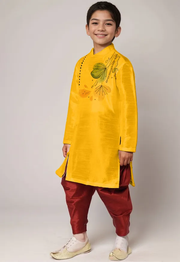 Yellow_Printed_Dupion-Silk_Kurta_With_Dhoti_For_Boy