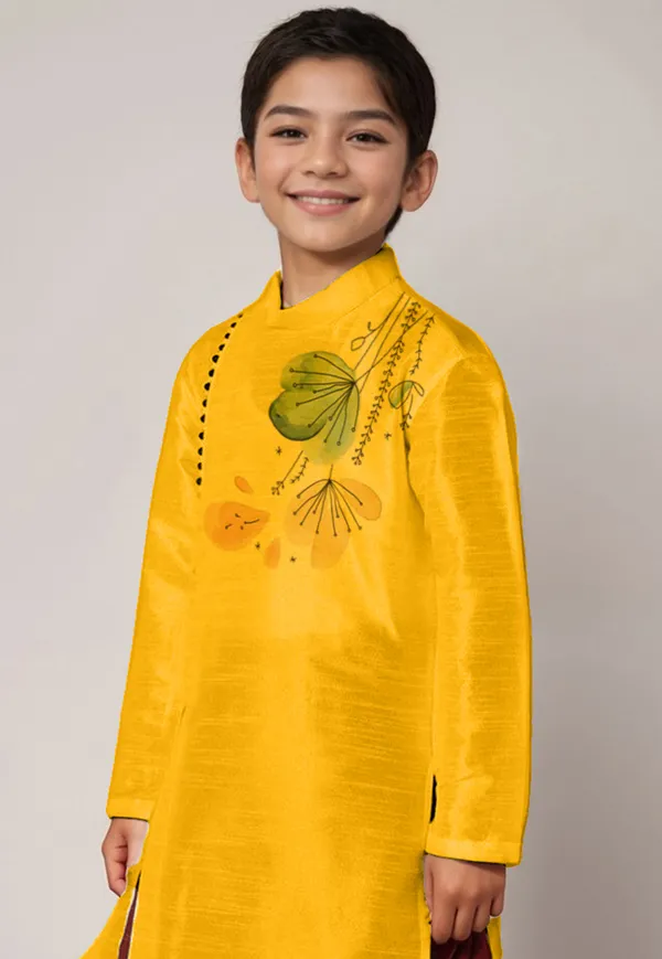 Yellow_Printed_Dupion-Silk_Kurta_With_Dhoti_For_Boy