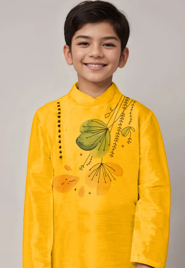 Yellow_Printed_Dupion-Silk_Kurta_With_Dhoti_For_Boy