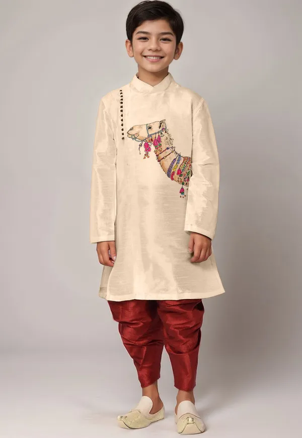 Beige_Printed_Kurta_With_Dhoti_For_Boy