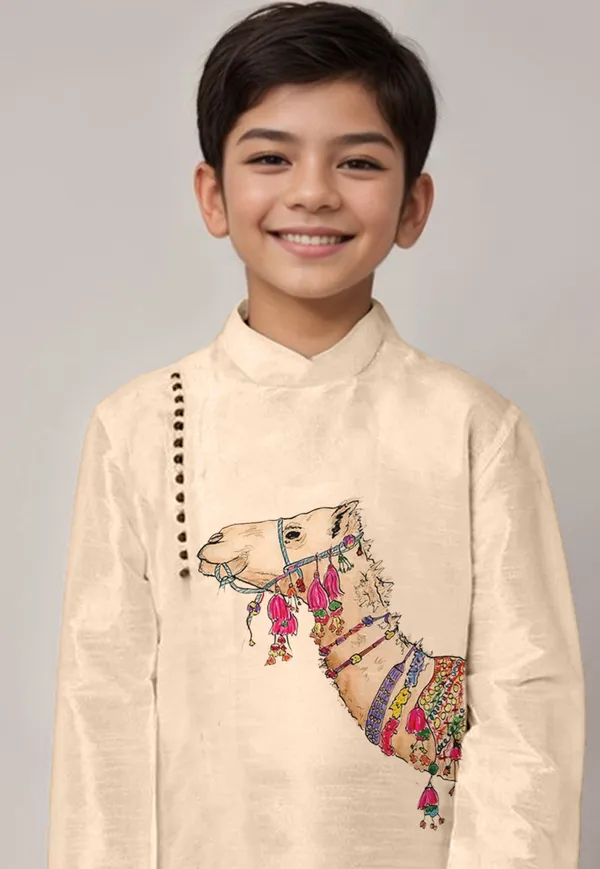 Beige_Printed_Kurta_With_Dhoti_For_Boy
