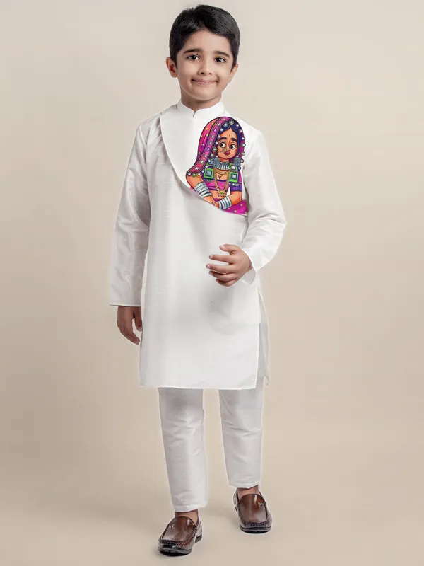 White_Printed_Kurta_With_Pyjama_Set_For_Boy