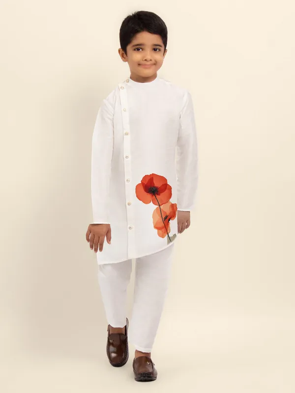 White_Printed_Kurta_With_Pyjama_Set_For_Boy
