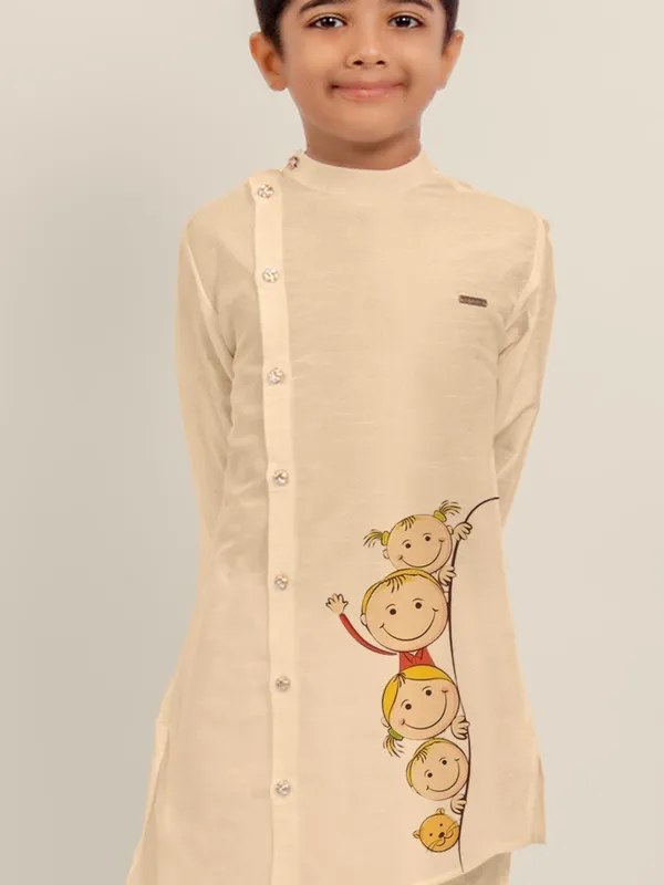 Beige_Printed_Dupion_Silk_Kurta_Set_For_Boy