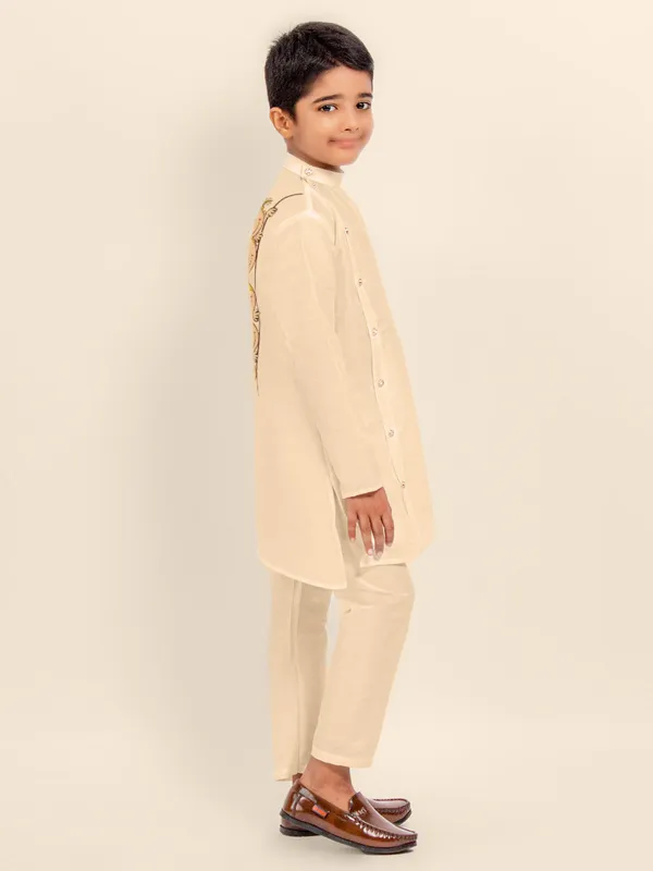 Beige_Printed_Dupion_Silk_Kurta_Set_For_Boy