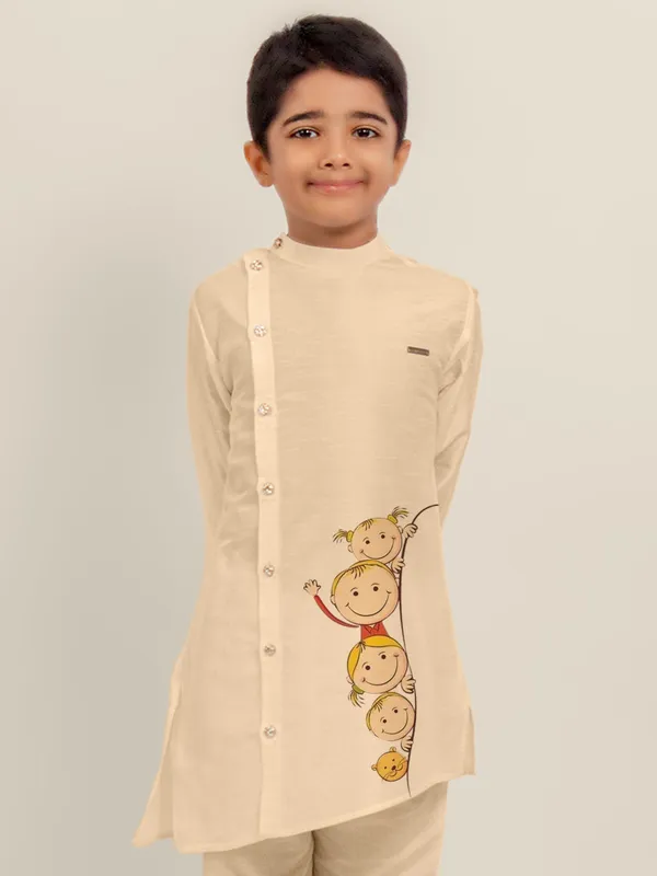 Beige_Printed_Dupion_Silk_Kurta_Set_For_Boy