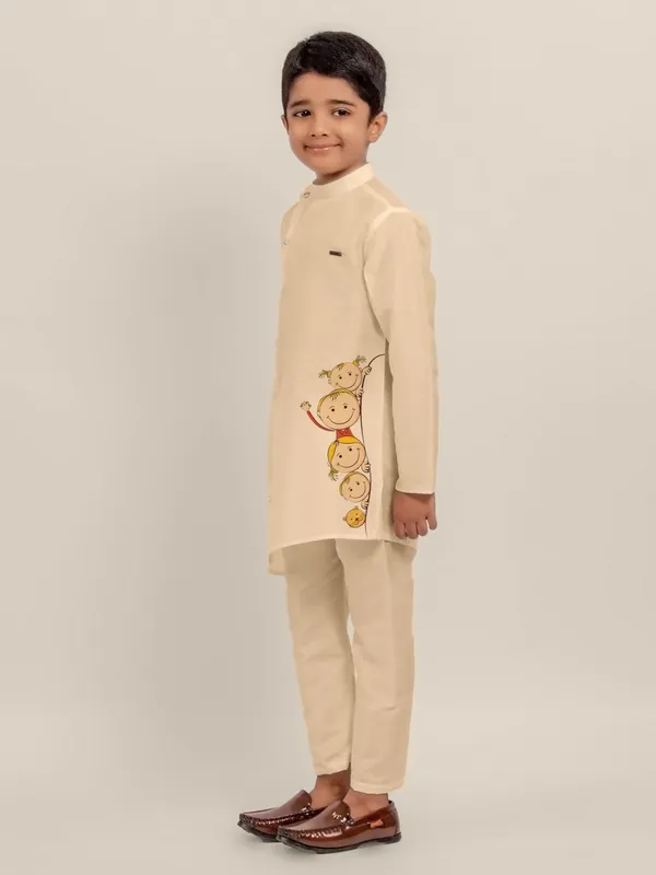 Beige_Printed_Dupion_Silk_Kurta_Set_For_Boy