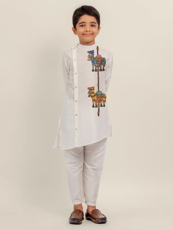 White_Printed_Kurta_With_Pyjama_Set_For_Boy