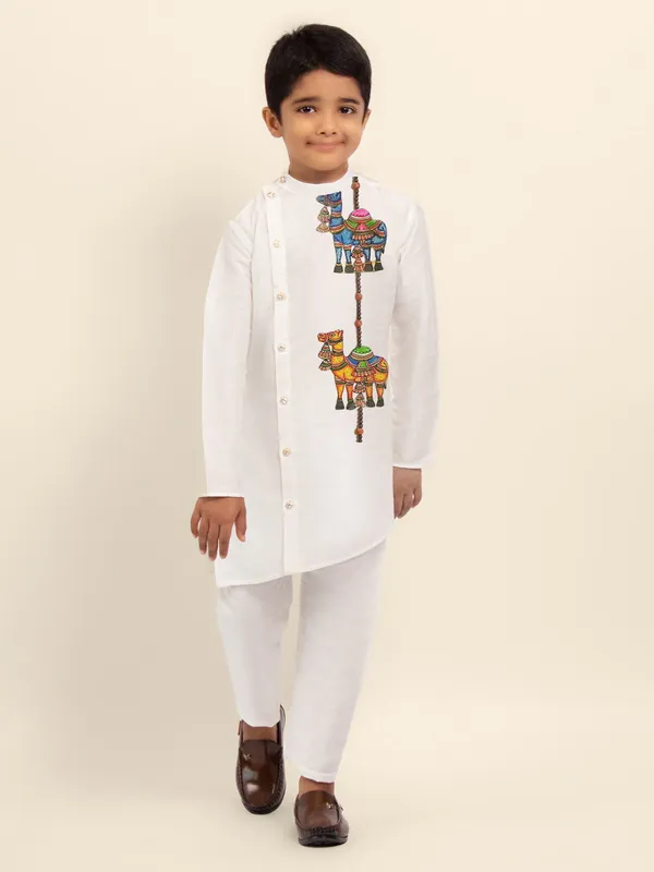 White_Printed_Kurta_With_Pyjama_Set_For_Boy