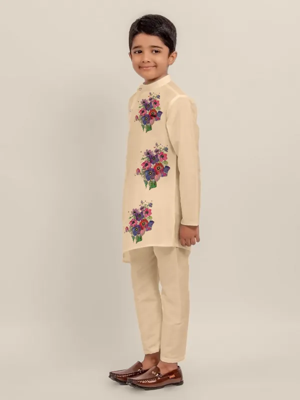 Beige_Printed_Dupion_Silk_Kurta_Set_For_Boy