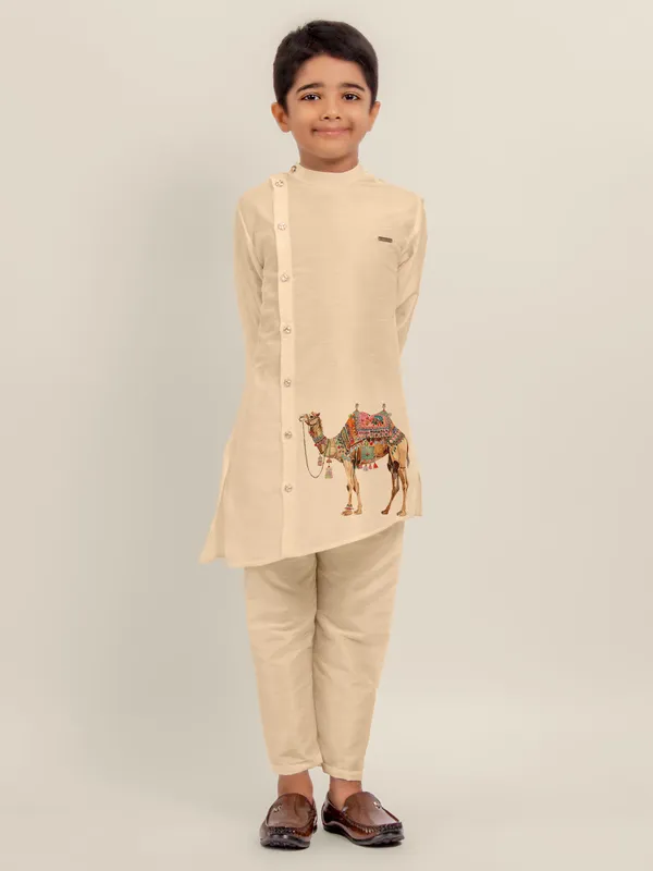 Beige_Printed_Dupion_Silk_Kurta_Set_For_Boy
