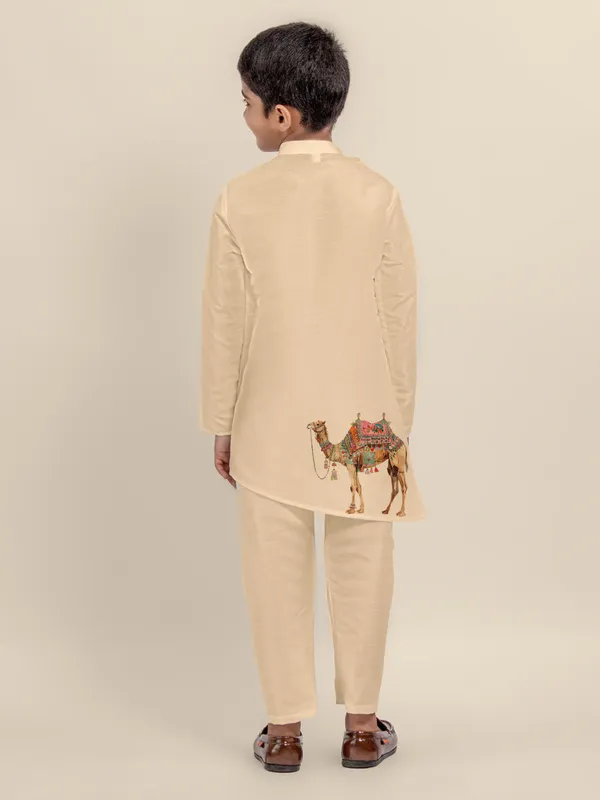 Beige_Printed_Dupion_Silk_Kurta_Set_For_Boy