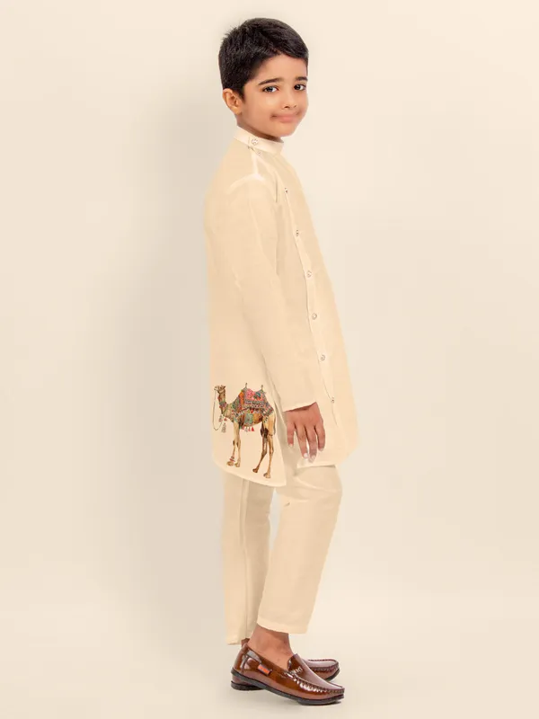 Beige_Printed_Dupion_Silk_Kurta_Set_For_Boy