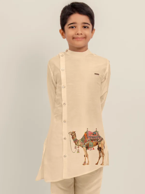 Beige_Printed_Dupion_Silk_Kurta_Set_For_Boy