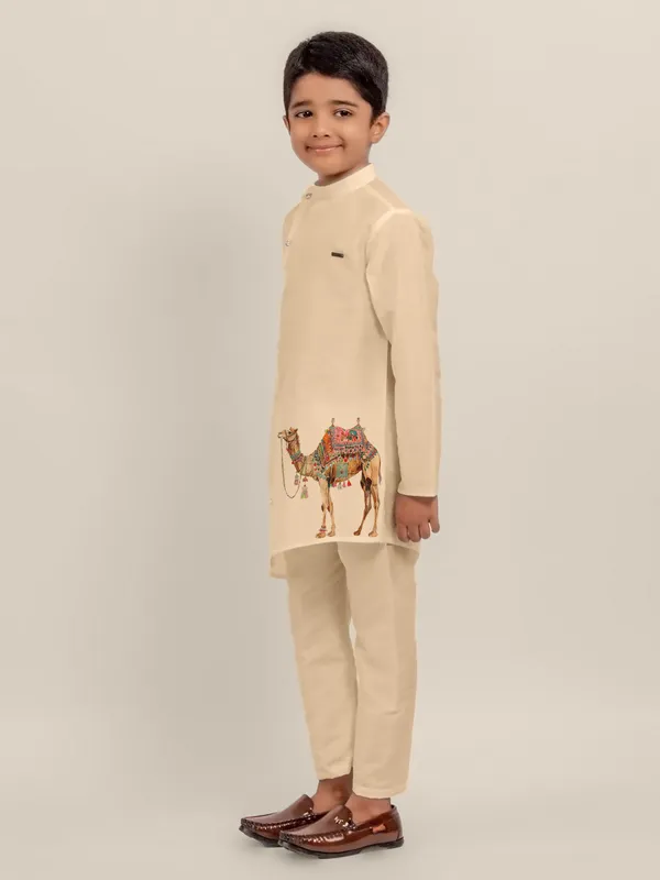 Beige_Printed_Dupion_Silk_Kurta_Set_For_Boy