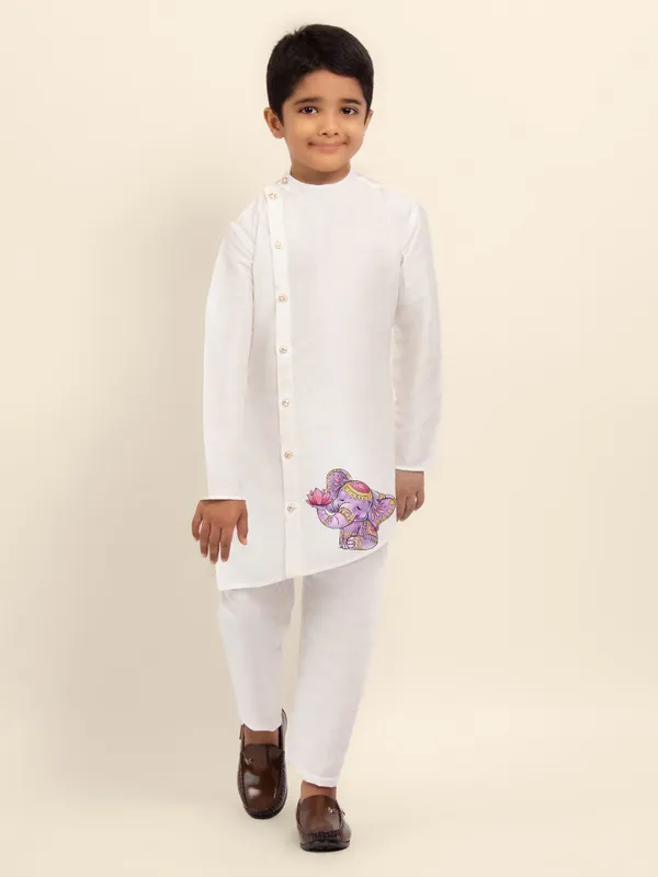 White_Printed_Kurta_With_Pyjama_Set_For_Boy