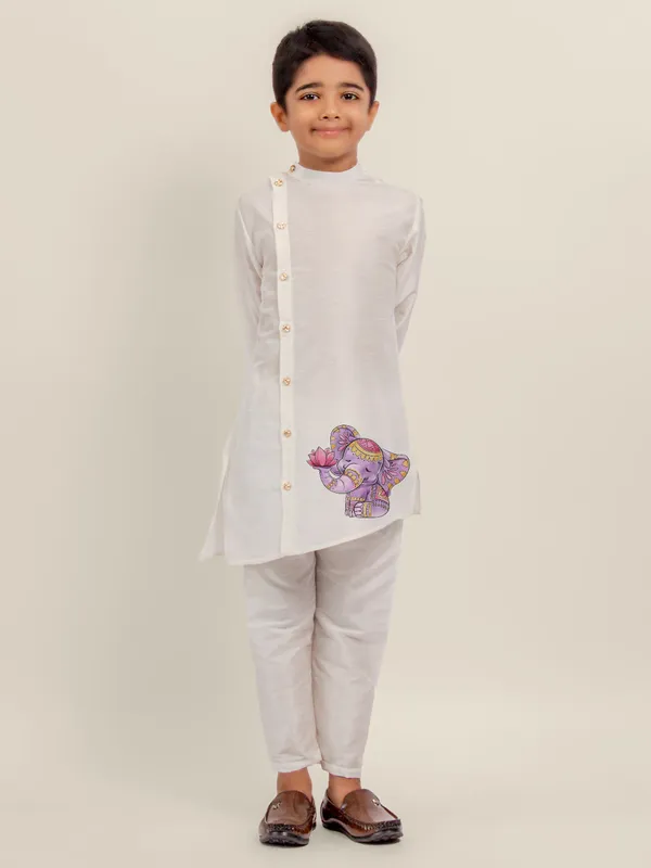 White_Printed_Kurta_With_Pyjama_Set_For_Boy