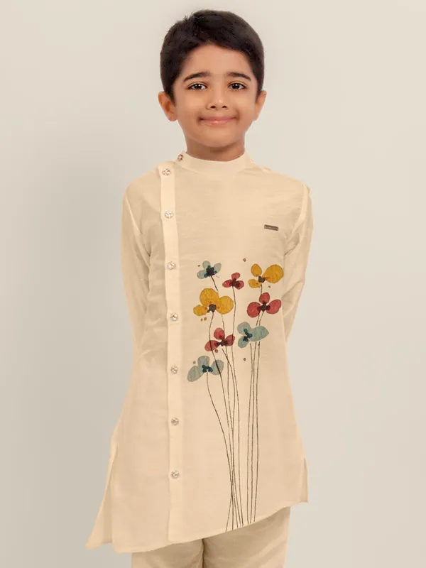 Beige_Printed_Dupion_Silk_Kurta_Set_For_Boy
