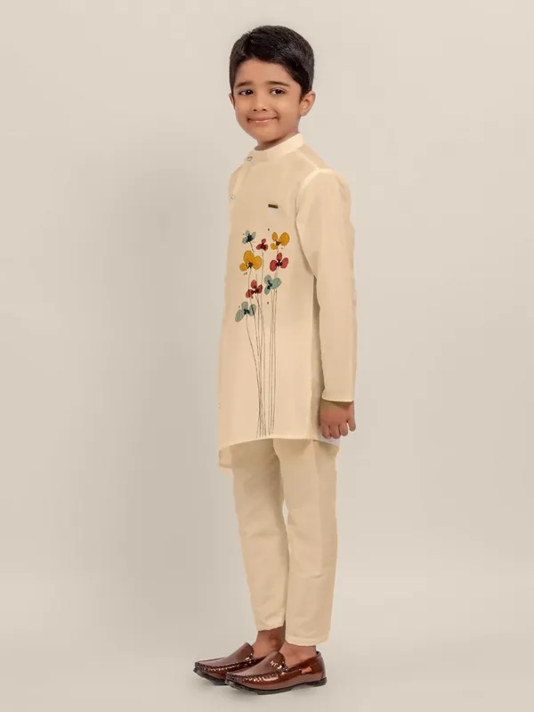 Beige_Printed_Dupion_Silk_Kurta_Set_For_Boy