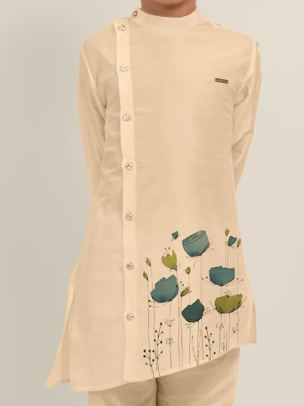 Beige_Printed_Dupion_Silk_Kurta_Set_For_Boy