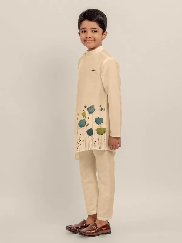 Beige_Printed_Dupion_Silk_Kurta_Set_For_Boy