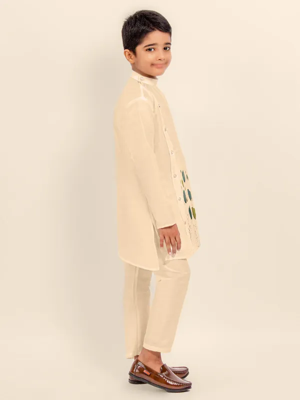 Beige_Printed_Dupion_Silk_Kurta_Set_For_Boy