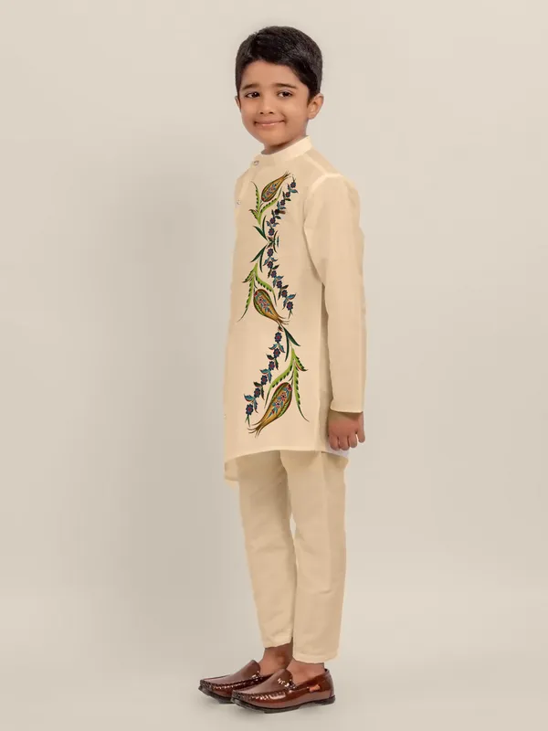 Beige_Printed_Dupion_Silk_Kurta_Set_For_Boy