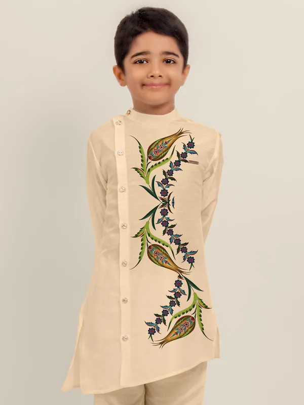 Beige_Printed_Dupion_Silk_Kurta_Set_For_Boy