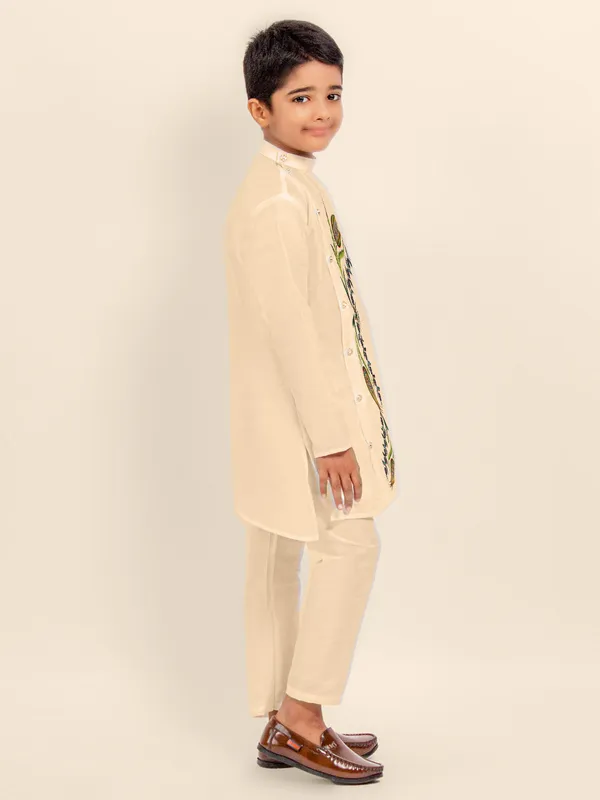 Beige_Printed_Dupion_Silk_Kurta_Set_For_Boy