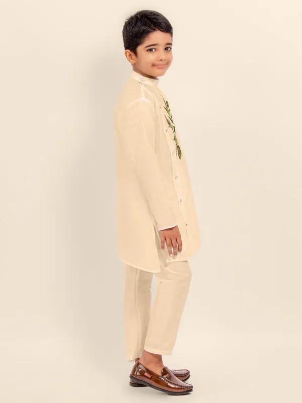 Beige_Printed_Dupion_Silk_Kurta_Set_For_Boy