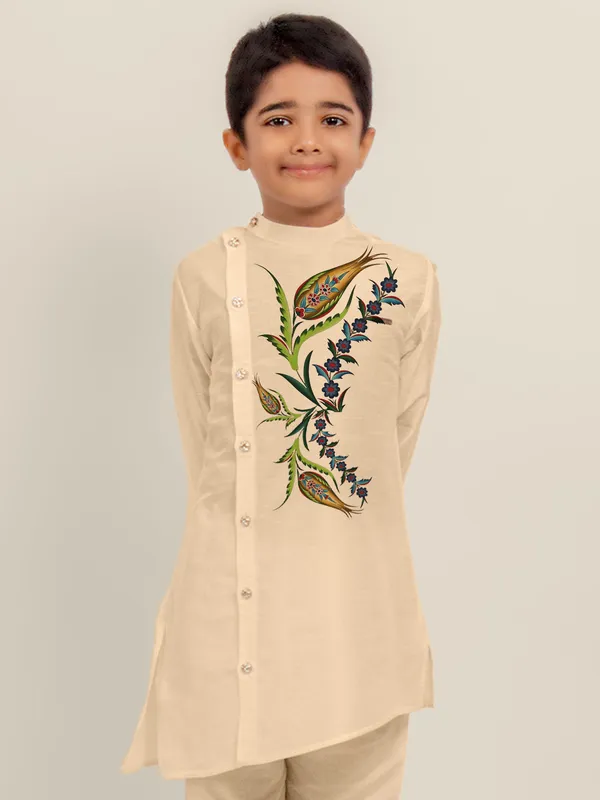 Beige_Printed_Dupion_Silk_Kurta_Set_For_Boy