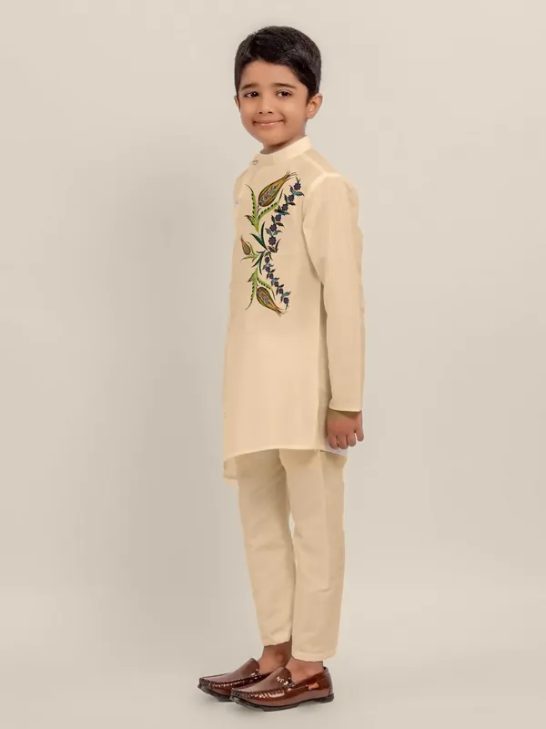 Beige_Printed_Dupion_Silk_Kurta_Set_For_Boy