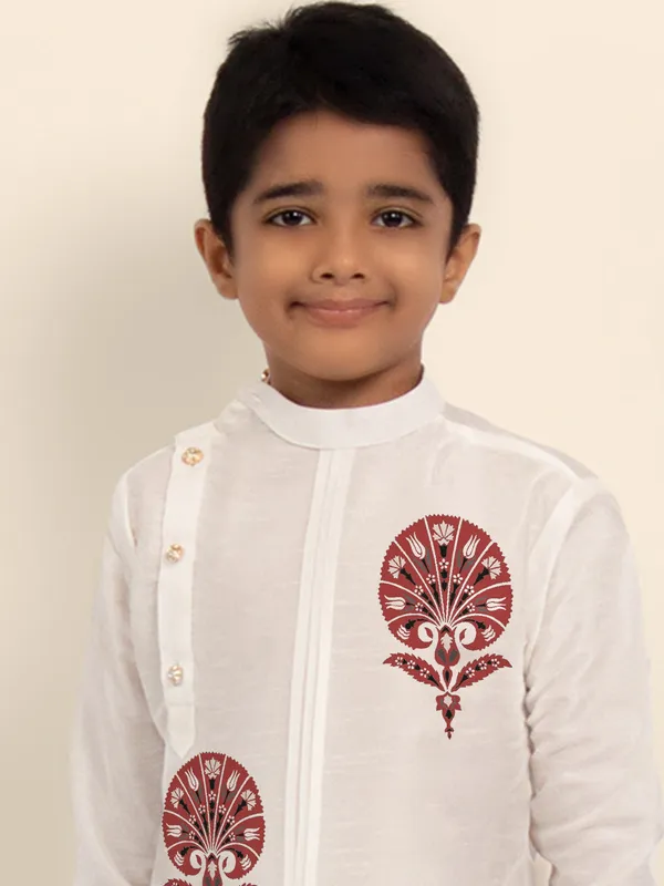 White_Printed_Kurta_With_Pyjama_Set_For_Boy