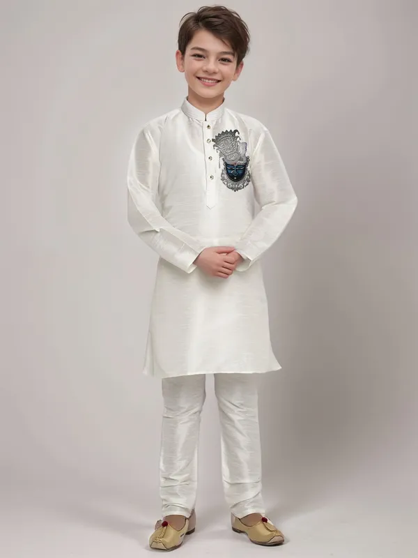 White_Printed_Kurta_With_Pyjama_Set_For_Boy