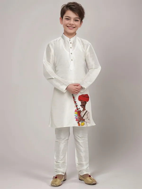 White_Printed_Kurta_With_Pyjama_Set_For_Boy