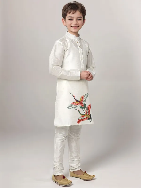 White_Printed_Kurta_With_Pyjama_Set_For_Boy