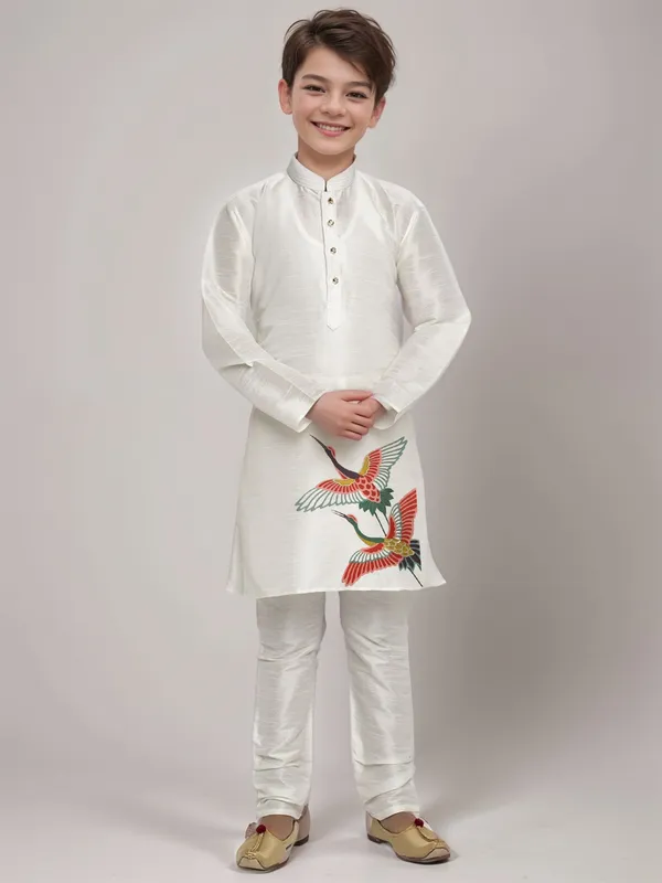 White_Printed_Kurta_With_Pyjama_Set_For_Boy