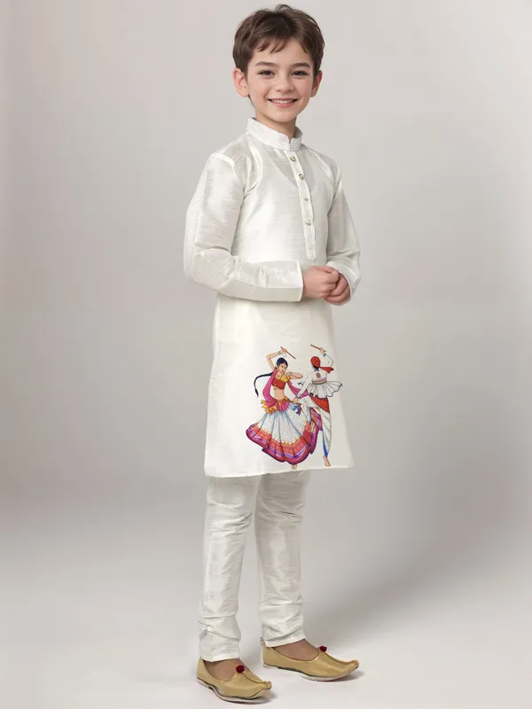 White_Printed_Kurta_With_Pyjama_Set_For_Boy