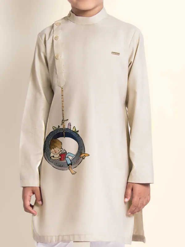 Beige_Printed_Kurta_With_Pyjama_For_Boy