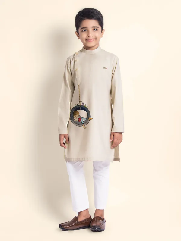 Beige_Printed_Kurta_With_Pyjama_For_Boy