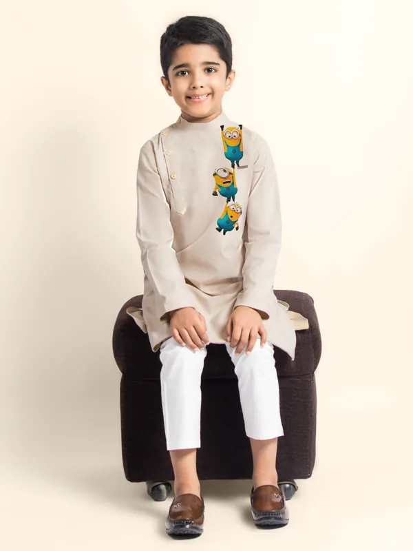 Beige_Printed_Kurta_With_Pyjama_For_Boy