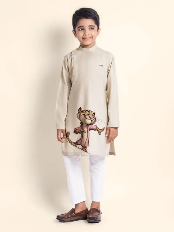 Beige_Printed_Kurta_With_Pyjama_For_Boy