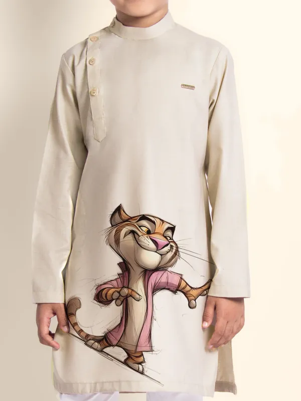 Beige_Printed_Kurta_With_Pyjama_For_Boy