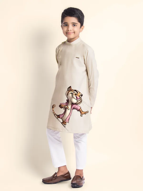 Beige_Printed_Kurta_With_Pyjama_For_Boy