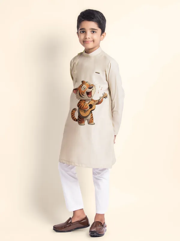 Beige_Printed_Kurta_With_Pyjama_For_Boy