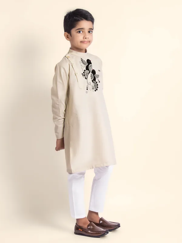 Beige_Printed_Kurta_With_Pyjama_For_Boy
