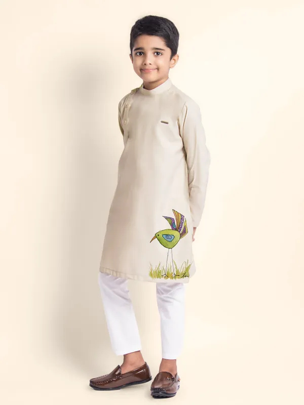 Beige_Printed_Kurta_With_Pyjama_For_Boy