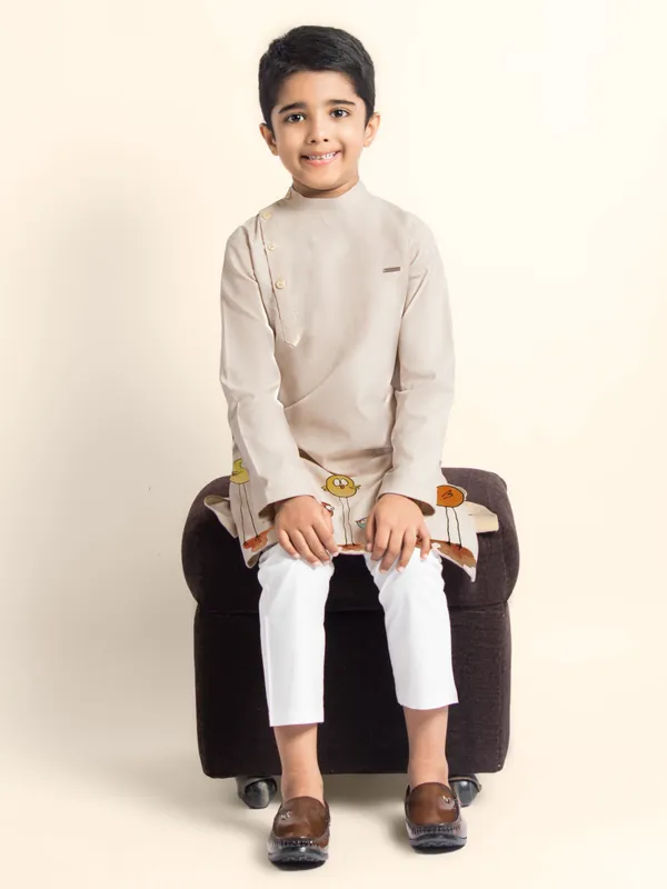 Beige_Printed_Kurta_With_Pyjama_For_Boy